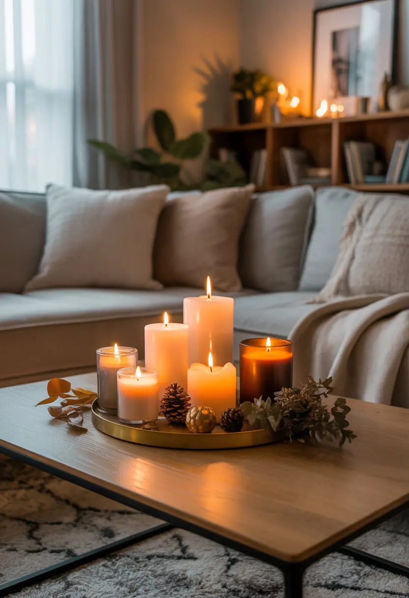 A living room with candles on a coffee table surrounded by seasonal decorations and comfortable furniture.