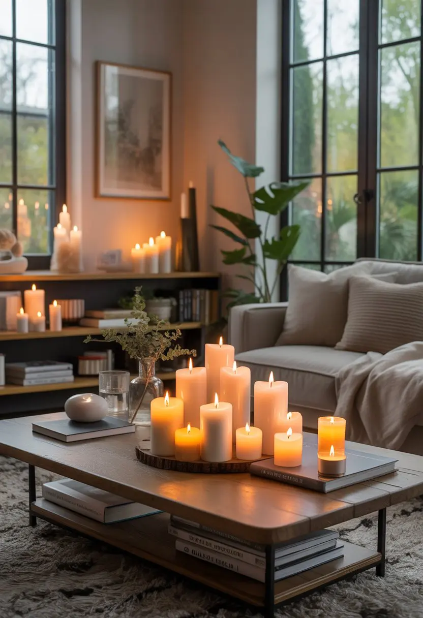 A living room with candles of different sizes arranged on tables, softly lit by candlelight and natural daylight.