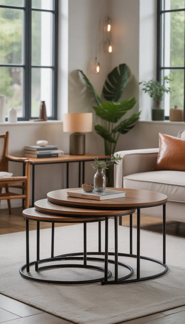 A small living room with a sofa, armchair, and nested coffee tables arranged in different configurations to save space.