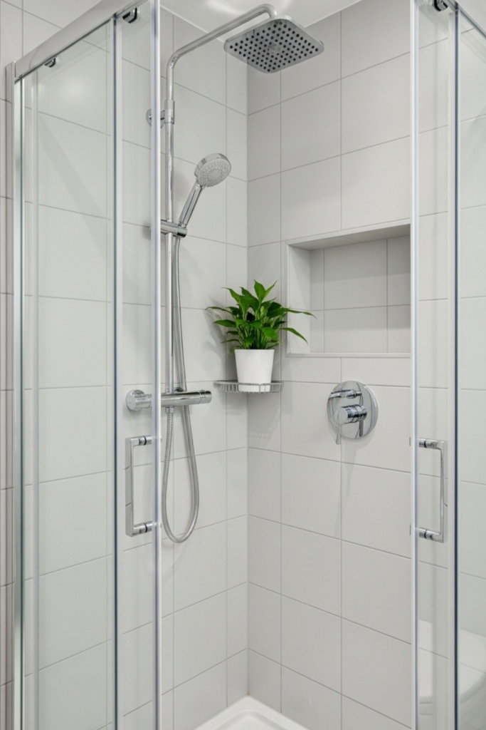 Compact bathroom shower with glass doors, light tiles, chrome fixtures, and a small green plant.