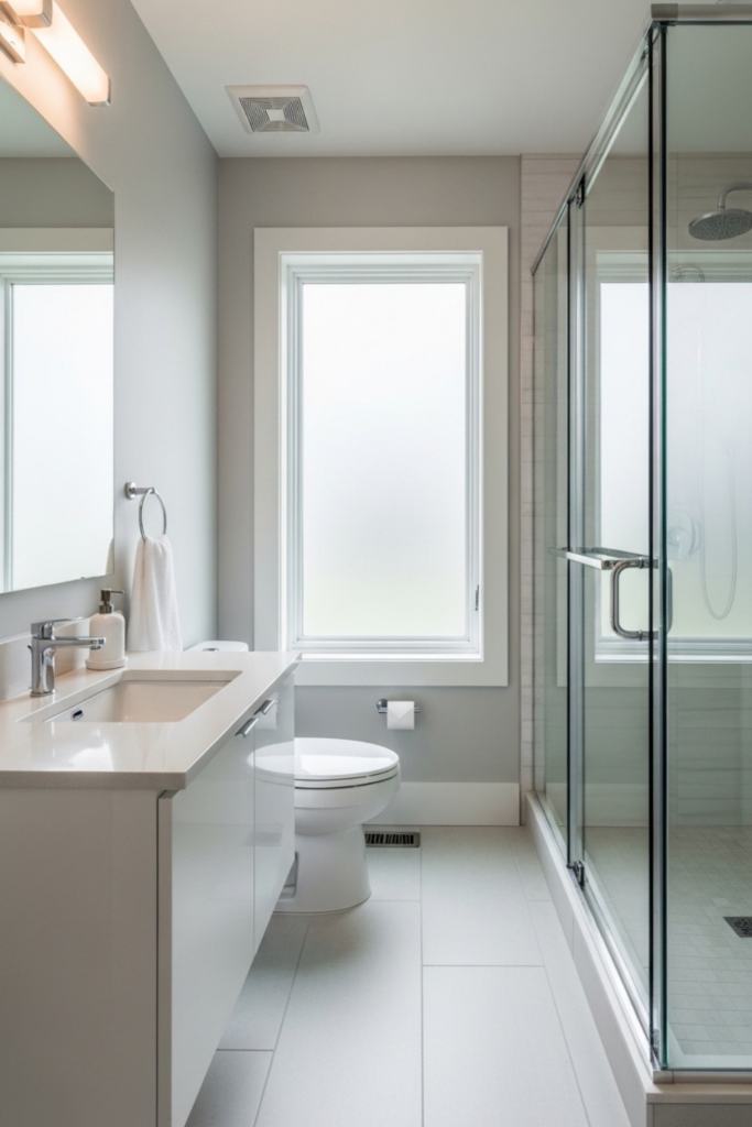 Small guest bathroom with a glass-enclosed shower, white vanity, and natural light coming through a frosted window.