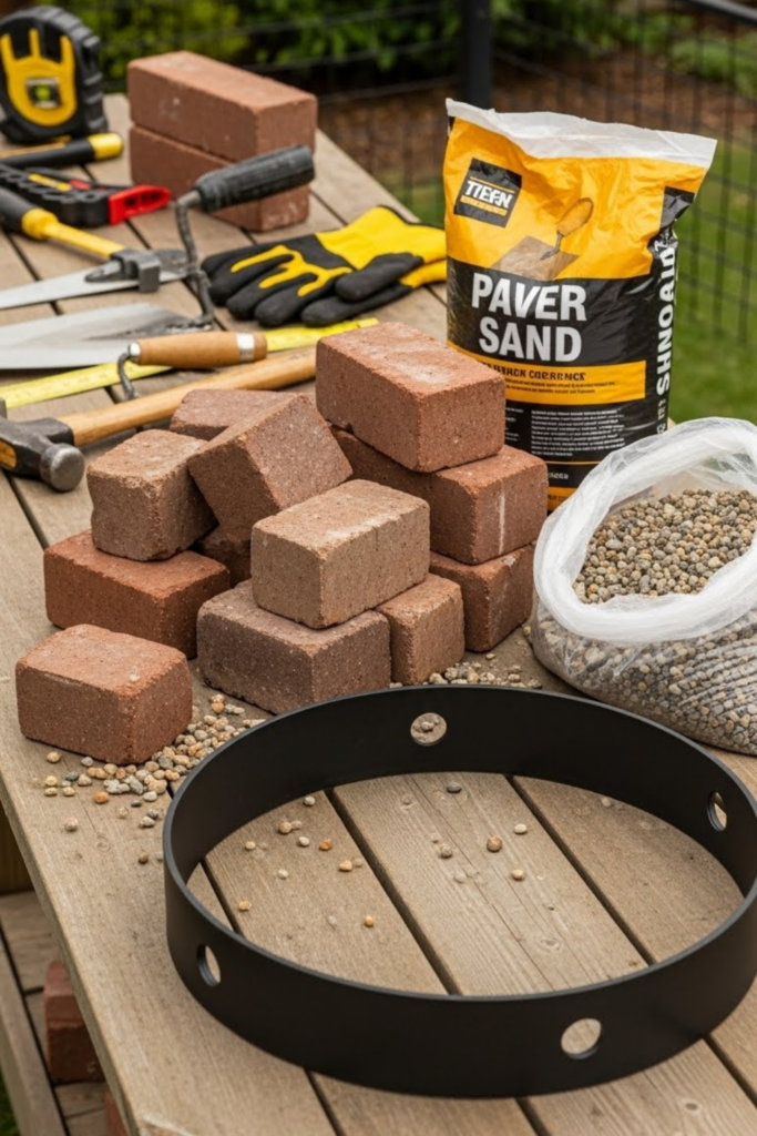 A backyard workbench with tools and materials laid out for building a fire pit,Close-up of brick, paver sand bag, pea gravel, and a black steel fire ring arranged