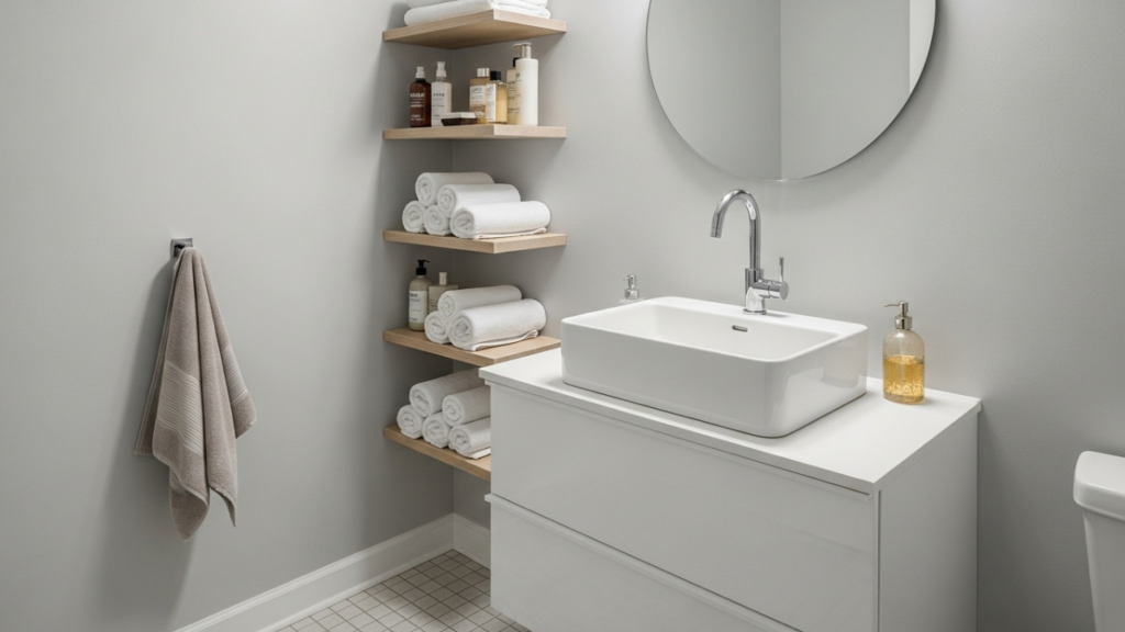 A small bathroom with vertical shelves holding toiletries and towels, a sink with storage underneath, and wall hooks with hanging towels.