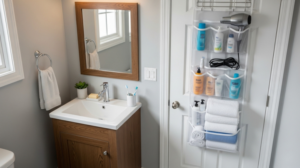 Small bathroom with an over-the-door organizer holding toiletries and towels, next to a sink and mirror.