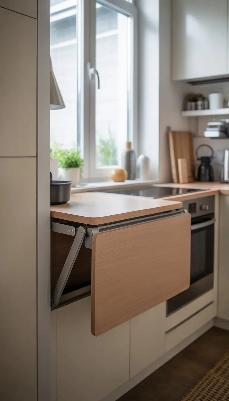 A small kitchen with a foldable drop-leaf table partially extended from the wall, surrounded by kitchen appliances and natural light.
