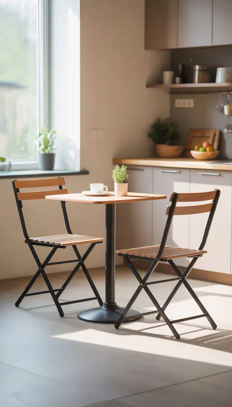 A small kitchen with a compact bistro table and two chairs slid fully under the table, creating extra floor space.