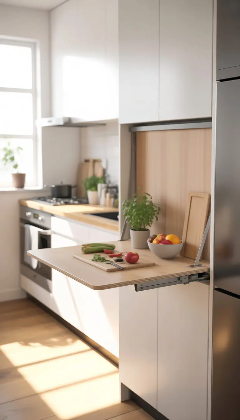 Small kitchen with a wall-mounted fold-down table used as extra counter space, holding fresh vegetables and kitchen items.
