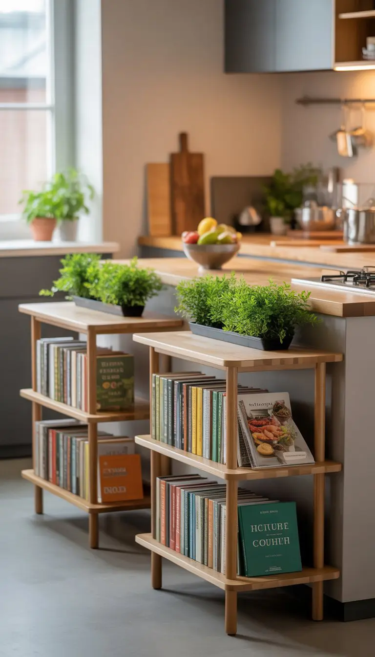 A kitchen with multi-tiered wooden tables featuring built-in shelves holding cookbooks and small plants.