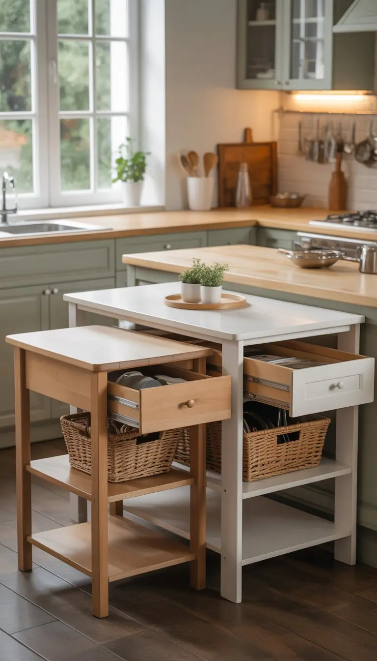 A small kitchen with tables that have hidden storage drawers, keeping the space organized and clutter-free.