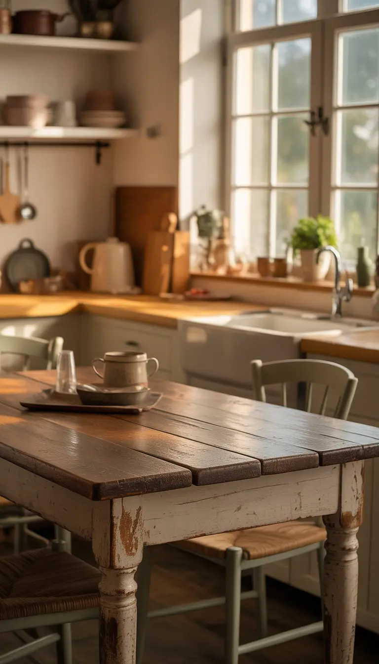 A small kitchen with a wooden table and chairs, sunlight coming through a window, and kitchen shelves in the background.