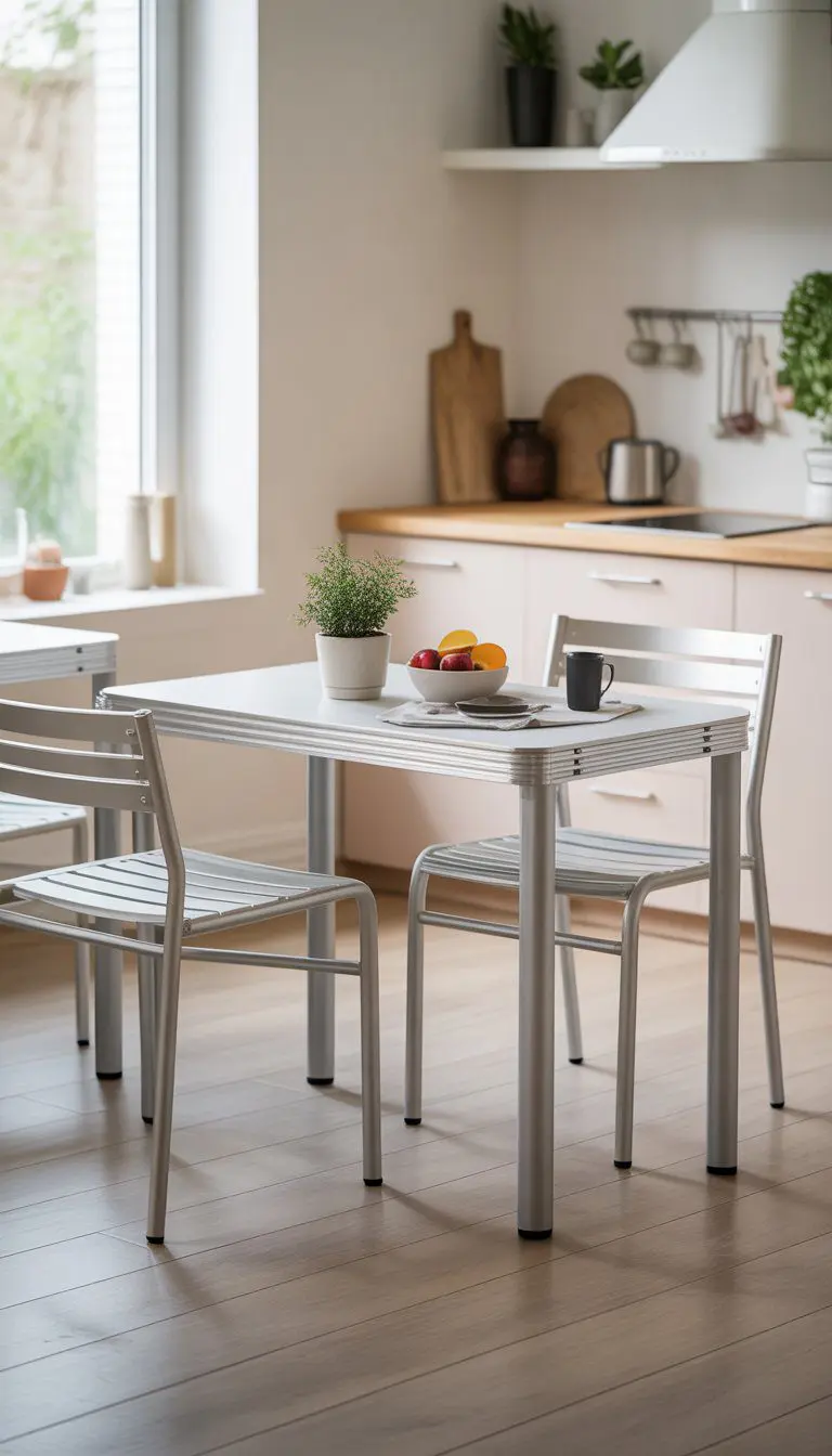 A small kitchen with lightweight aluminum tables arranged inside, featuring bright natural light and simple kitchen items on the tables.