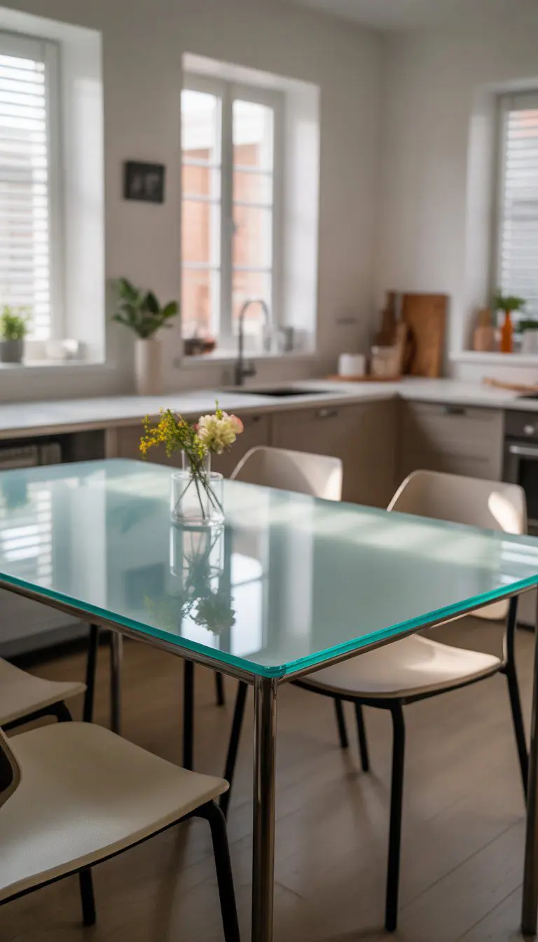 A small kitchen with a glass-top dining table surrounded by chairs, bright natural light, and clean, uncluttered surfaces.
