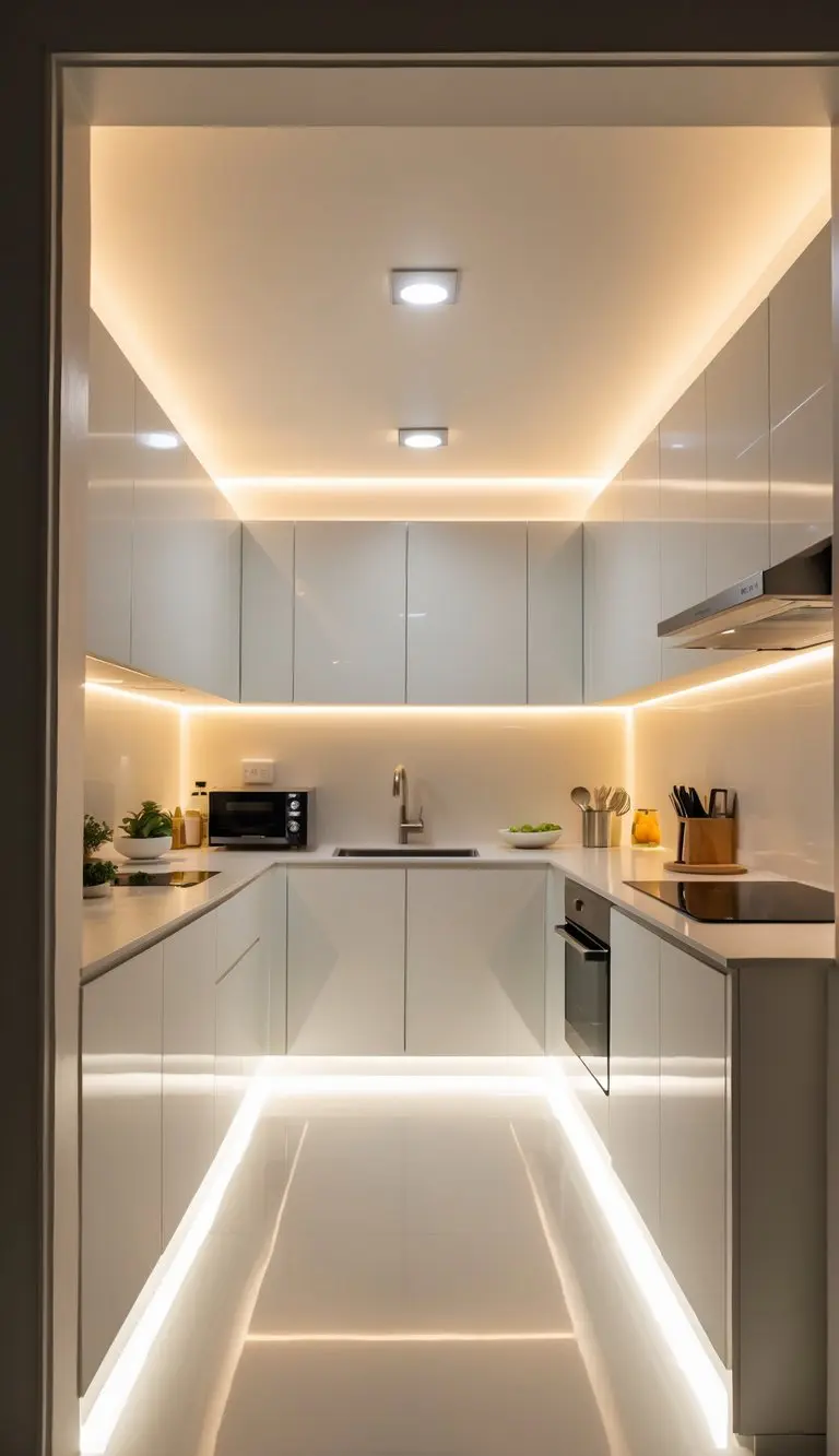 A small kitchen lit by bright daylight-mimicking bulbs, with white cabinets, countertops, and appliances in a windowless space.