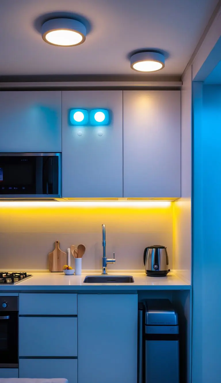 A small modern kitchen illuminated by colorful adjustable smart bulbs creating a warm and inviting atmosphere.