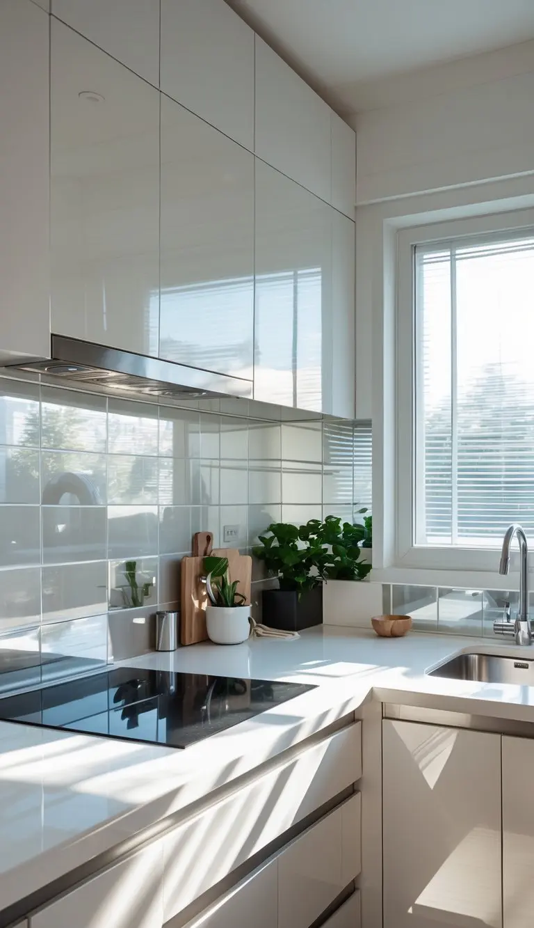 A small, bright kitchen with reflective backsplash tiles that enhance the natural light coming through a window.