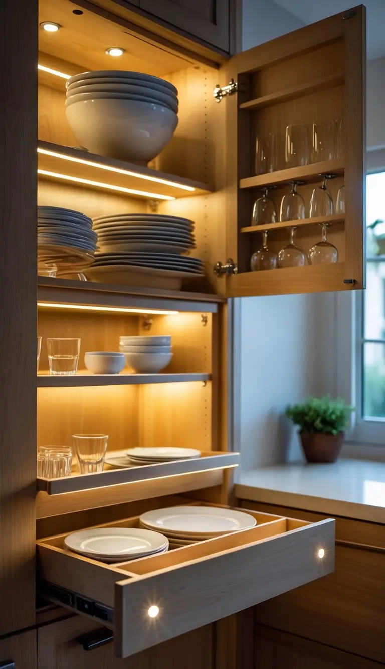 Open kitchen cabinets and drawers illuminated by small round lights inside, showing neatly arranged dishes and utensils.