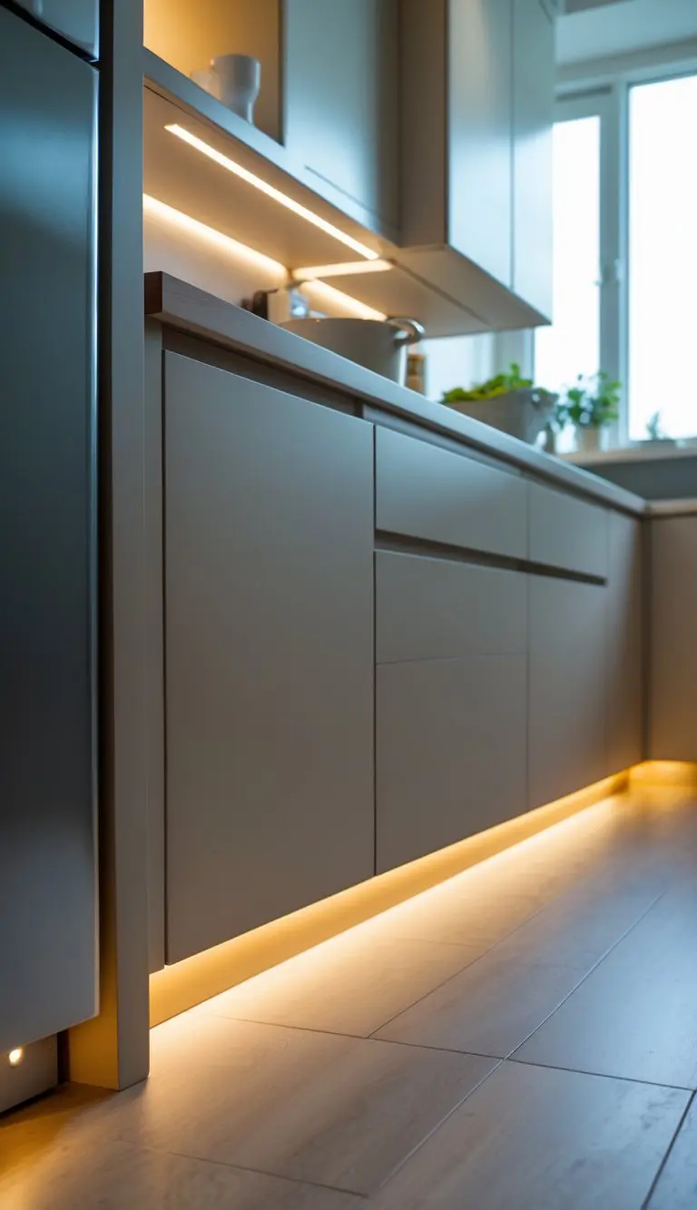 Small kitchen interior with recessed toe-kick lighting softly illuminating the floor beneath the cabinets.
