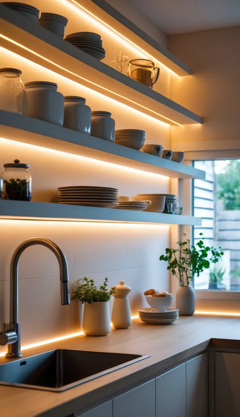 Small kitchen with floating shelves illuminated by warm LED tape lights underneath, creating layered lighting and a cozy atmosphere.