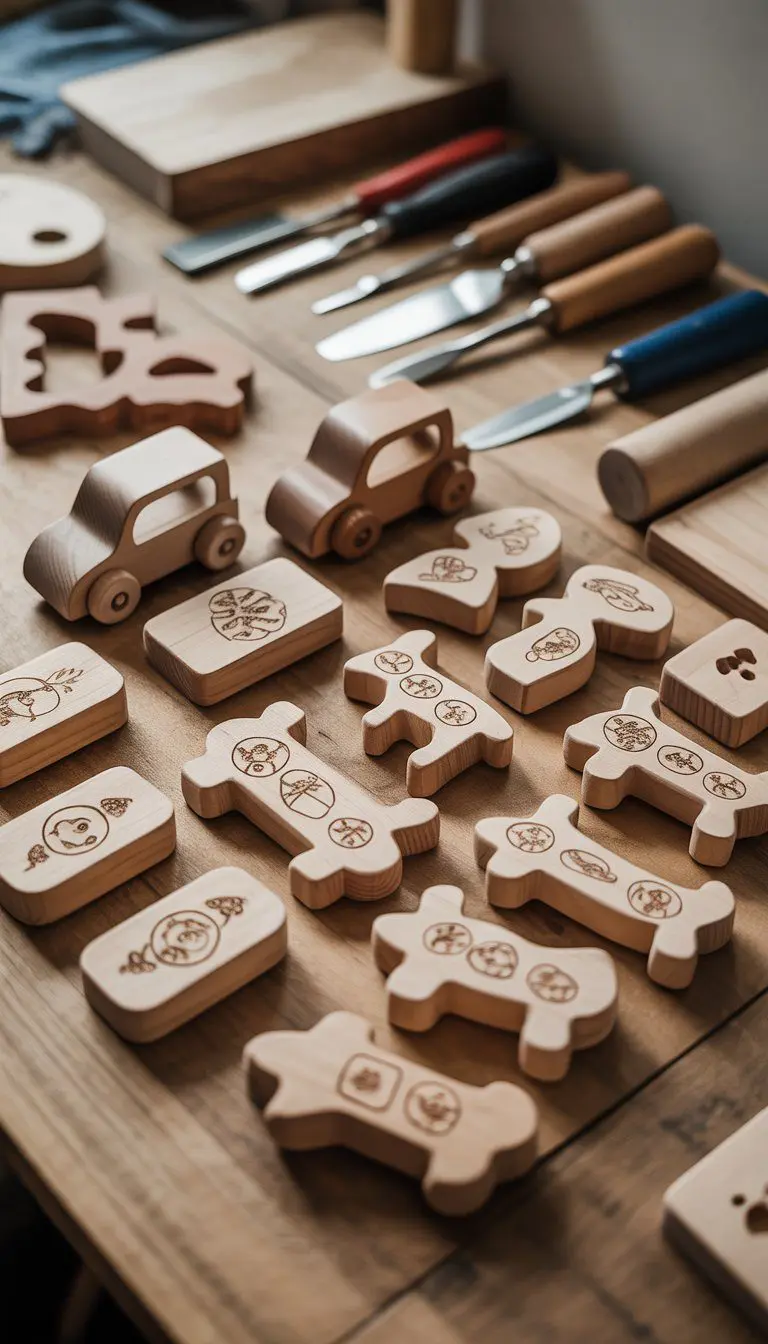 A collection of engraved wooden toys on a table with woodworking tools blurred in the background.