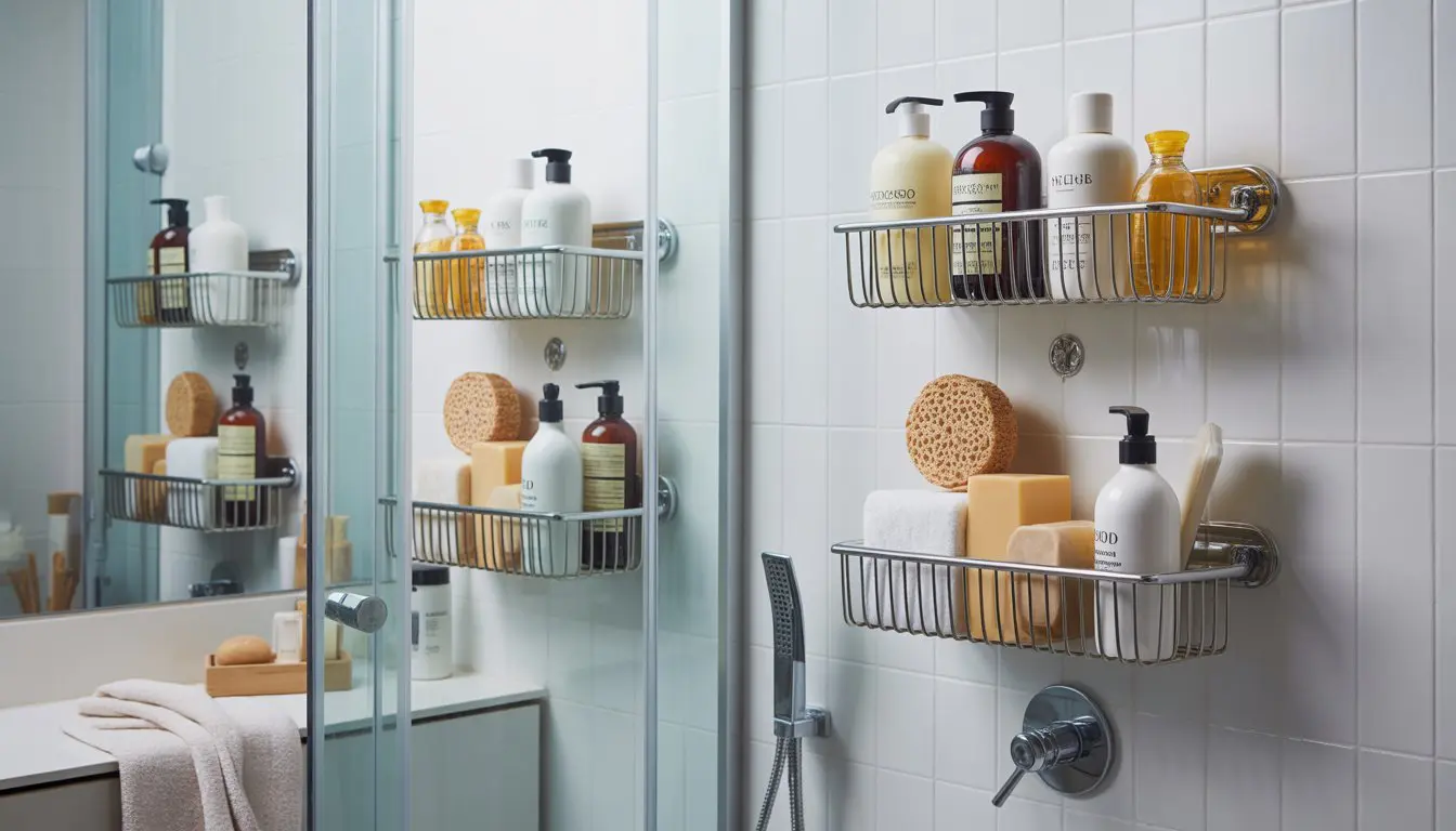 A small bathroom shower area with organized storage caddies holding shampoo, soap, and bath accessories.