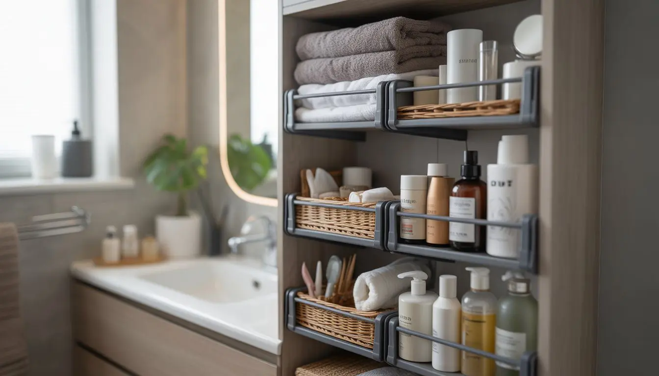 A small bathroom with an open shelving unit featuring adjustable shelf dividers organizing towels, toiletries, and cleaning supplies.
