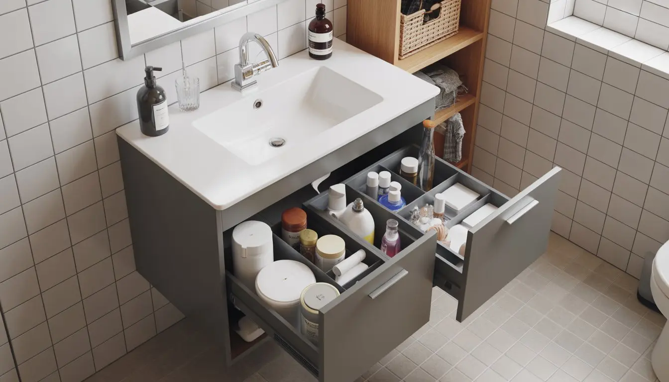 Small bathroom with open under-sink drawers showing organized storage of toiletries and cleaning supplies.