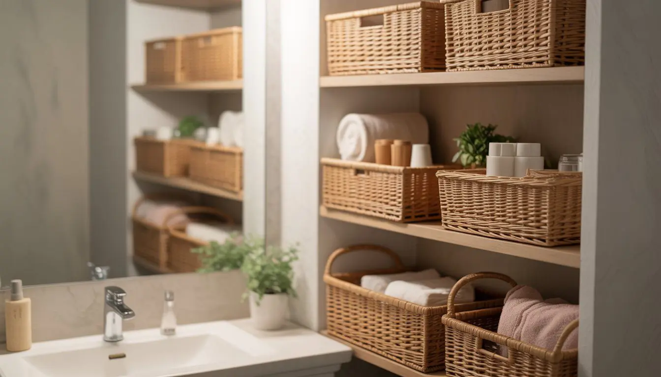 Open bathroom shelves with woven baskets holding towels and toiletries in a bright, organized small bathroom.