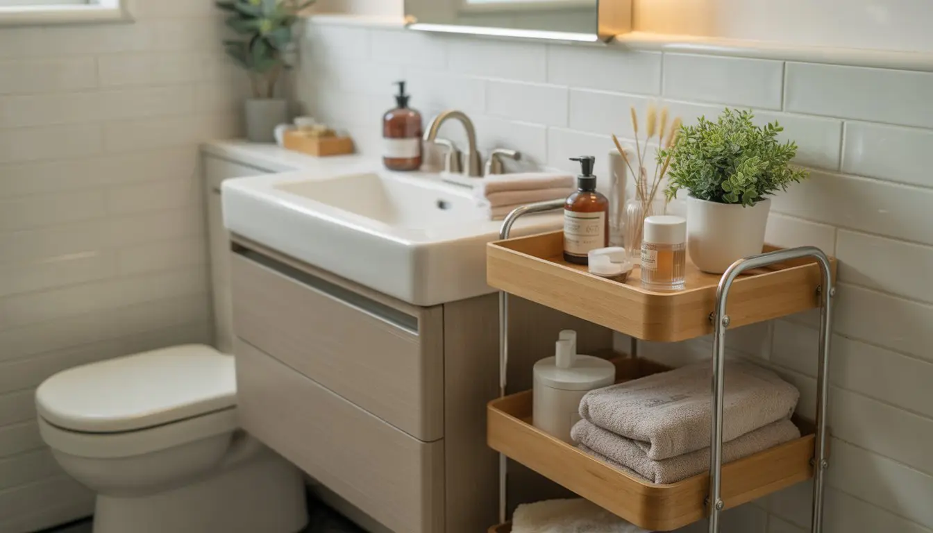 A small bathroom with a slim storage cart holding toiletries and towels next to the sink.