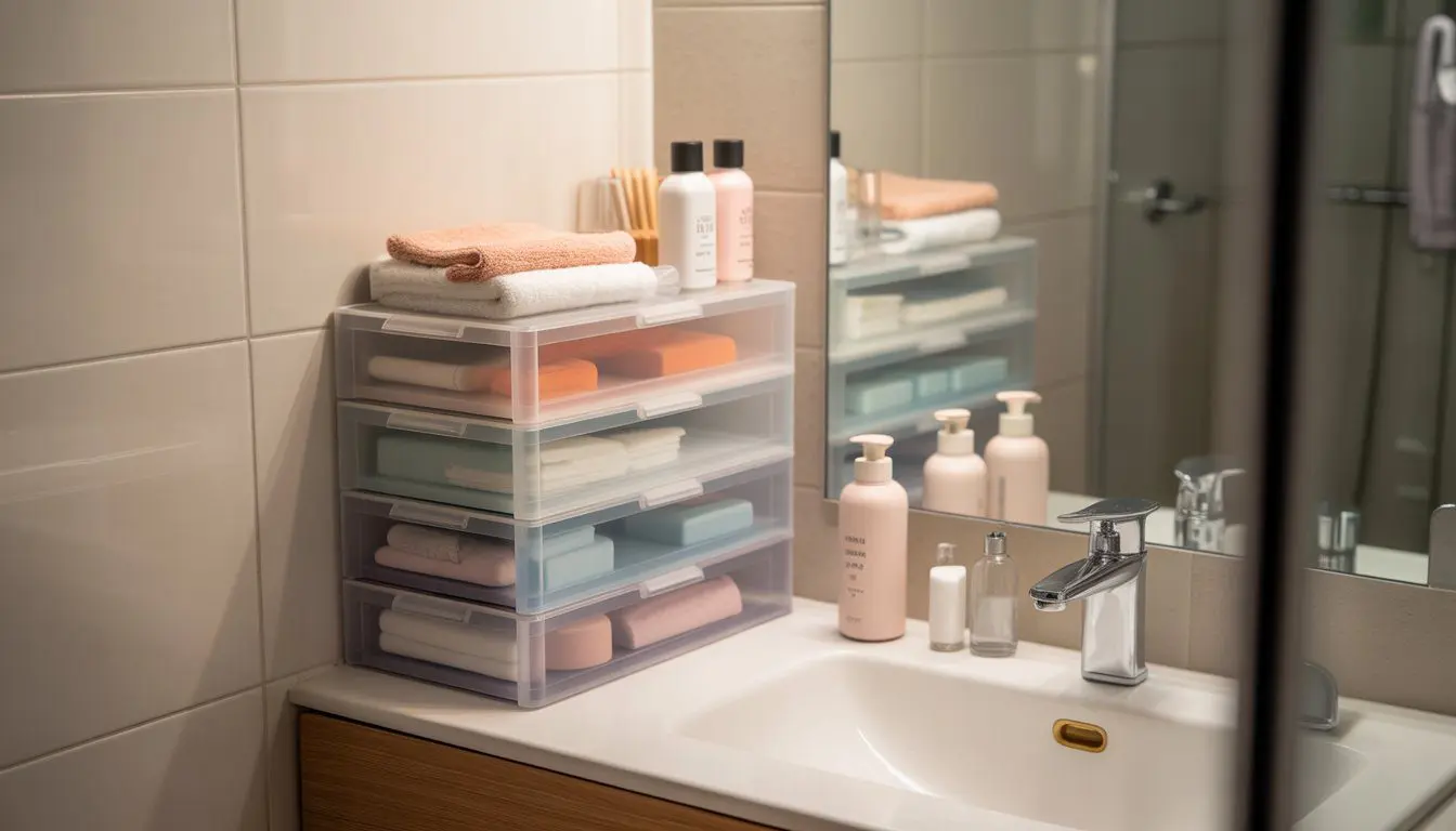 Small bathroom with stackable drawers on the countertop holding toiletries and towels.