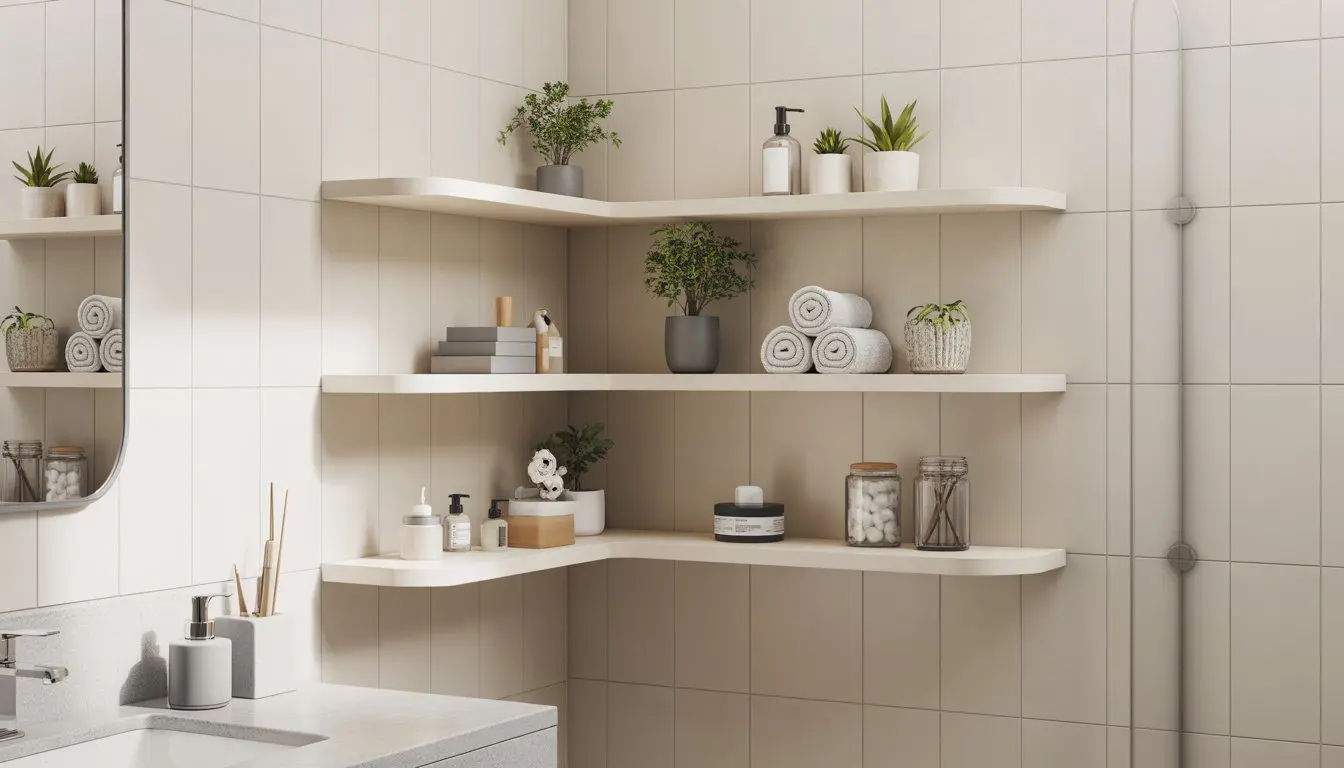 Small bathroom corner with floating shelves holding towels, plants, and bathroom essentials.