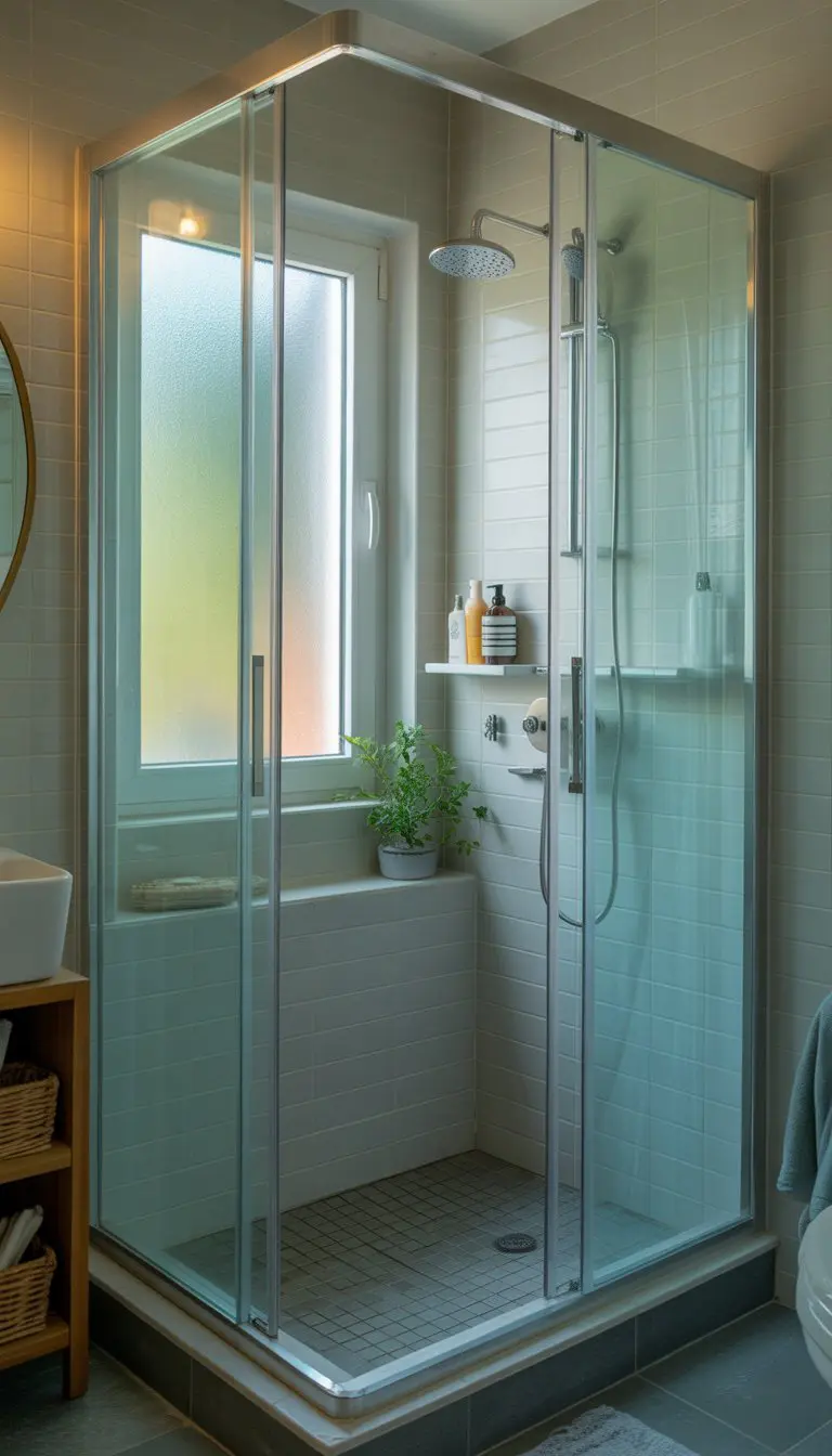 Compact bathroom shower with glass doors, light tiles, chrome fixtures, and a small green plant.
