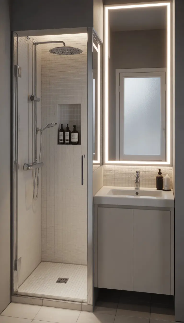 Small bathroom with a glass-enclosed walk-in shower, light-colored tiles, and a white vanity with a mirror.
