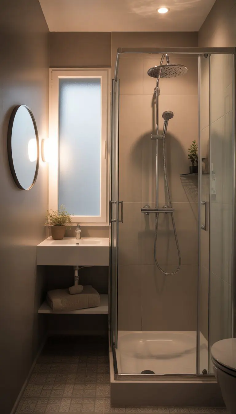 Small guest bathroom with a glass-enclosed shower, white vanity, and natural light coming through a frosted window.