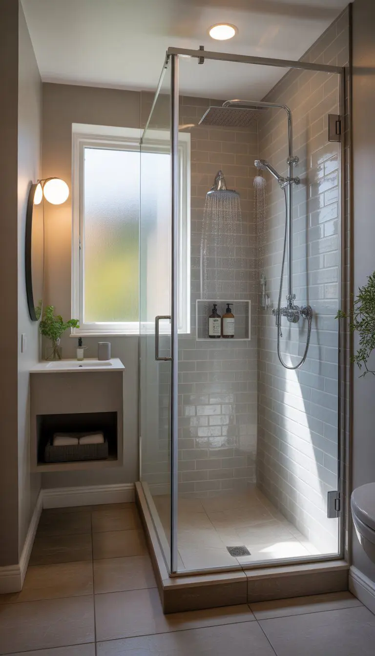 Small bathroom with a glass-enclosed walk-in shower, floating vanity, and natural light coming through a frosted window.
