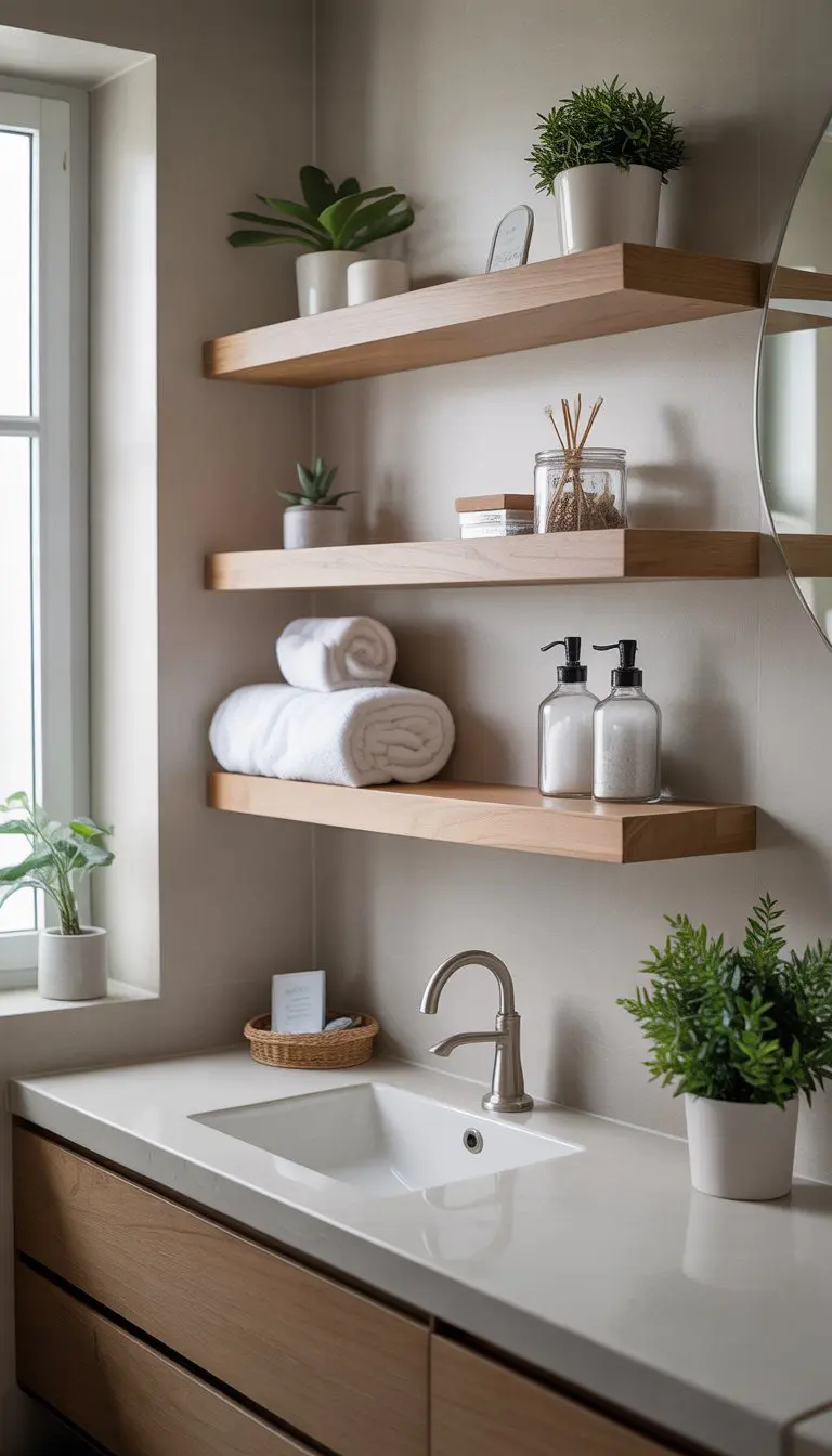 A small bathroom with floating shelves above a sink holding plants, towels, and glass jars.