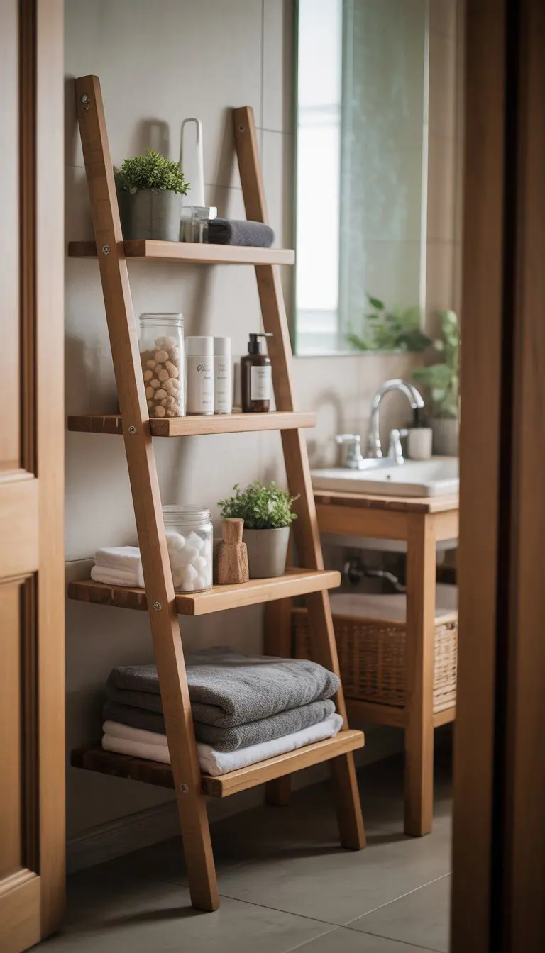 A small bathroom with a wooden ladder shelf holding towels, plants, and toiletries next to a white sink.