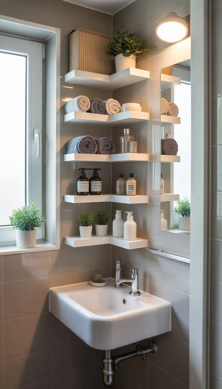 A small bathroom corner with corner shelves holding towels, plants, and toiletries above a white sink.