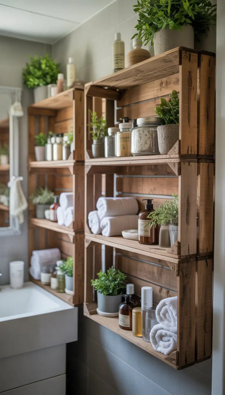 A small bathroom with wooden crate shelves holding toiletries, towels, and plants.