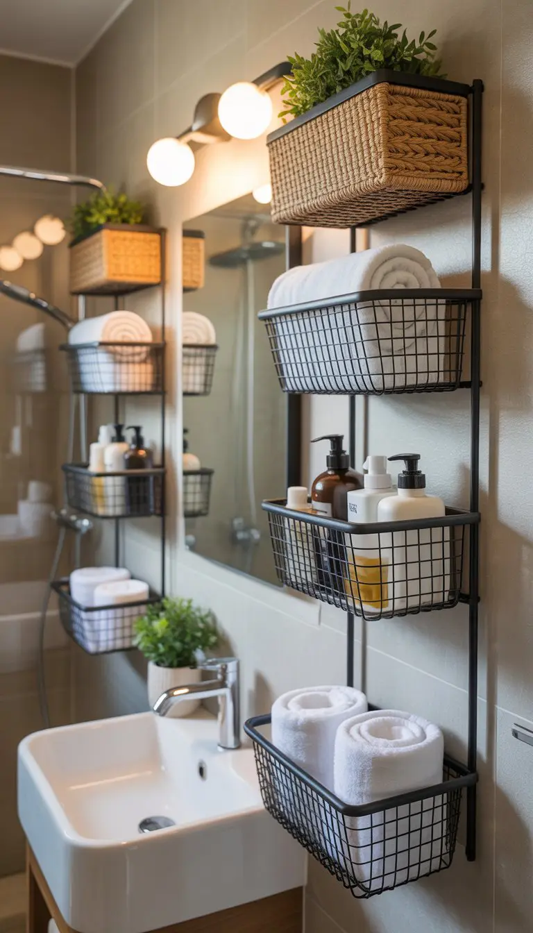 Small bathroom with wall-mounted baskets holding toiletries and towels for easy access.