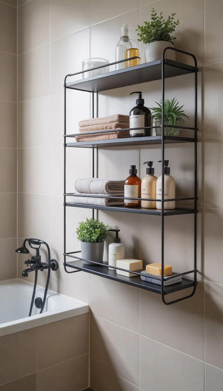 A small bathroom with a triple-level bath shelf holding towels, toiletries, and plants next to a bathtub.