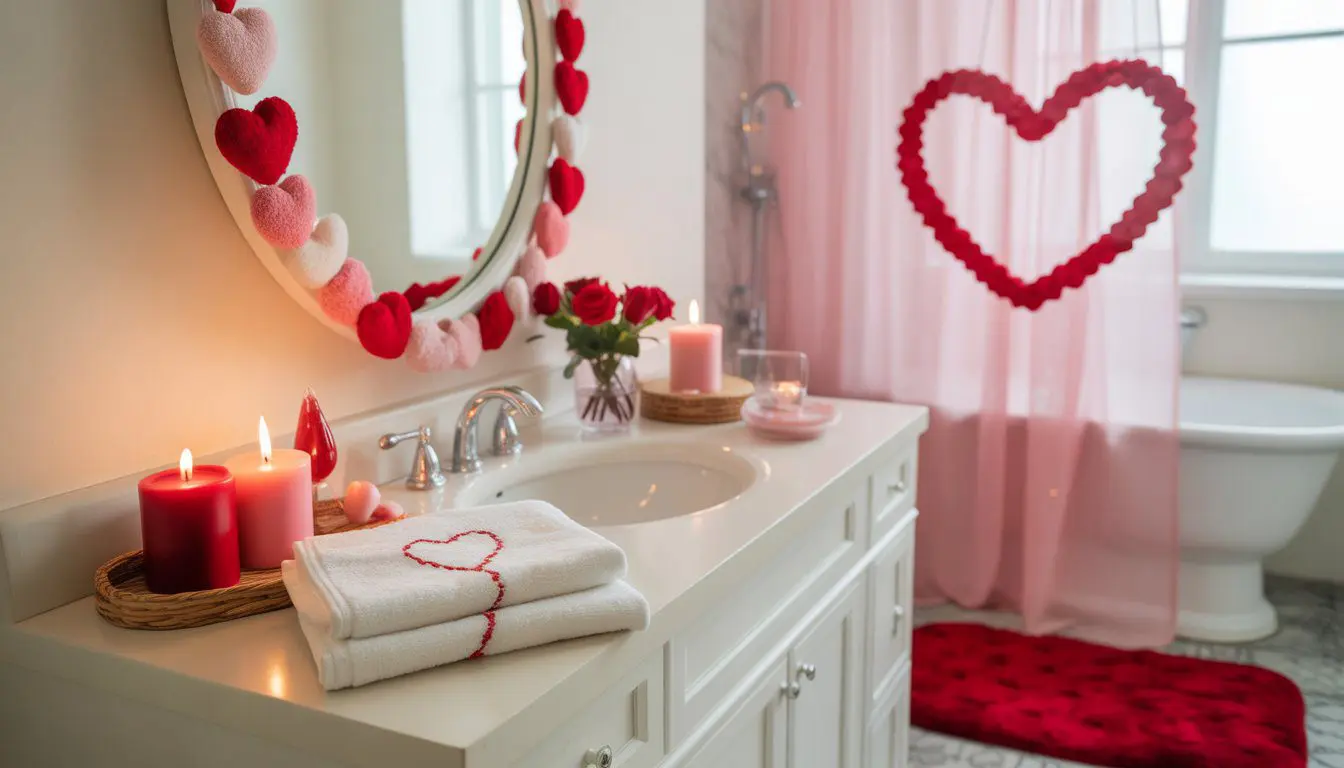A clean bathroom decorated with red and pink Valentine's Day accents including heart garlands, candles, red roses, and folded towels.