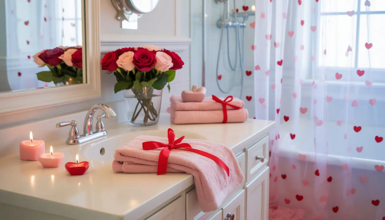A clean bathroom decorated with pink and red Valentine's Day accents including heart-shaped candles, roses, and towels tied with red ribbons.