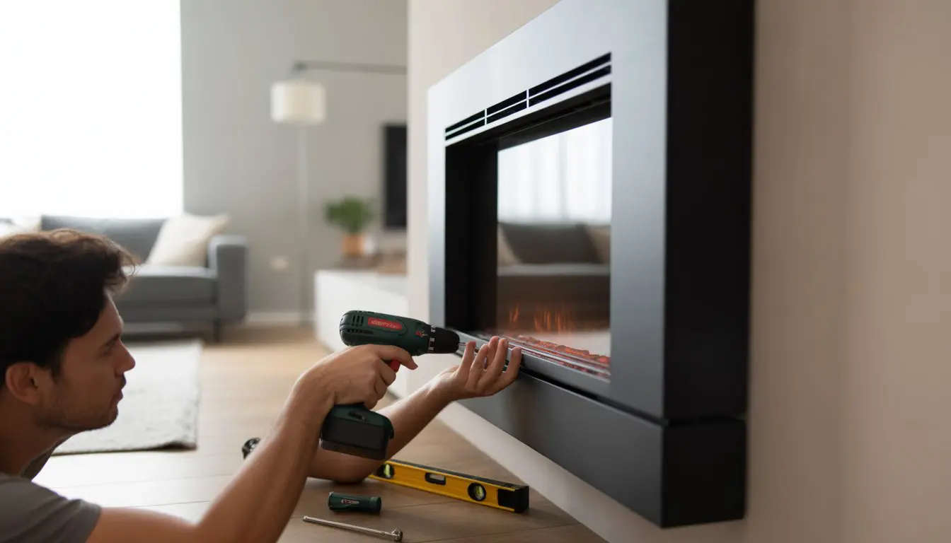 Person installing a wall-mounted electric fireplace in a modern living room using a cordless drill.