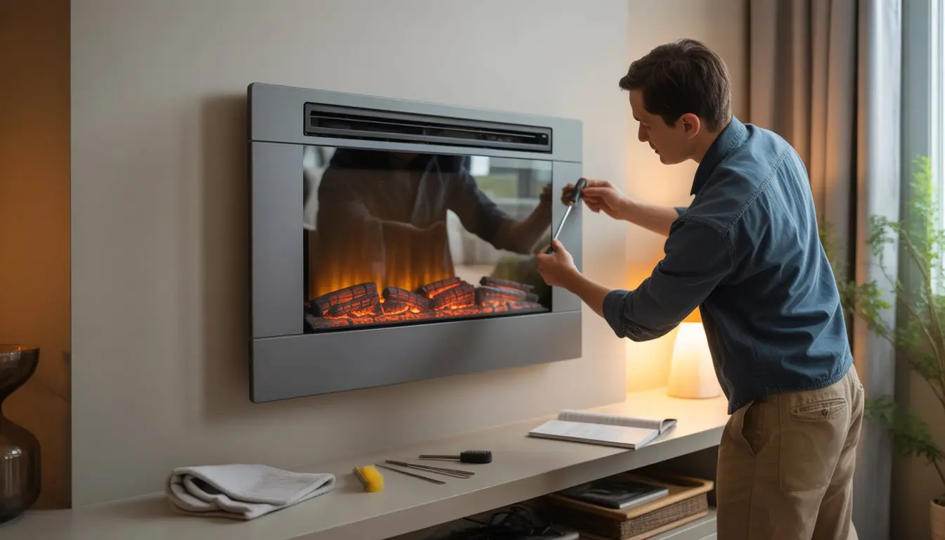 Person adjusting a wall mount electric fireplace in a modern living room with maintenance tools nearby.
