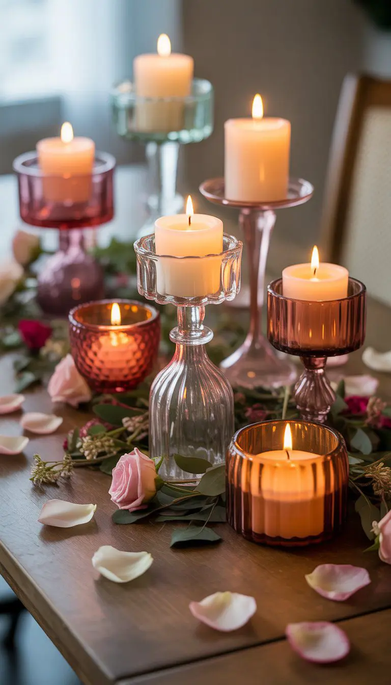 A table with vintage glass candle holders holding lit candles surrounded by rose petals and small flowers.