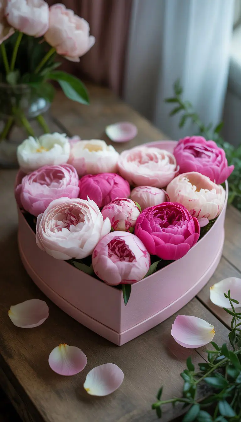 A heart-shaped box filled with fresh pink and white peonies placed on a wooden table.