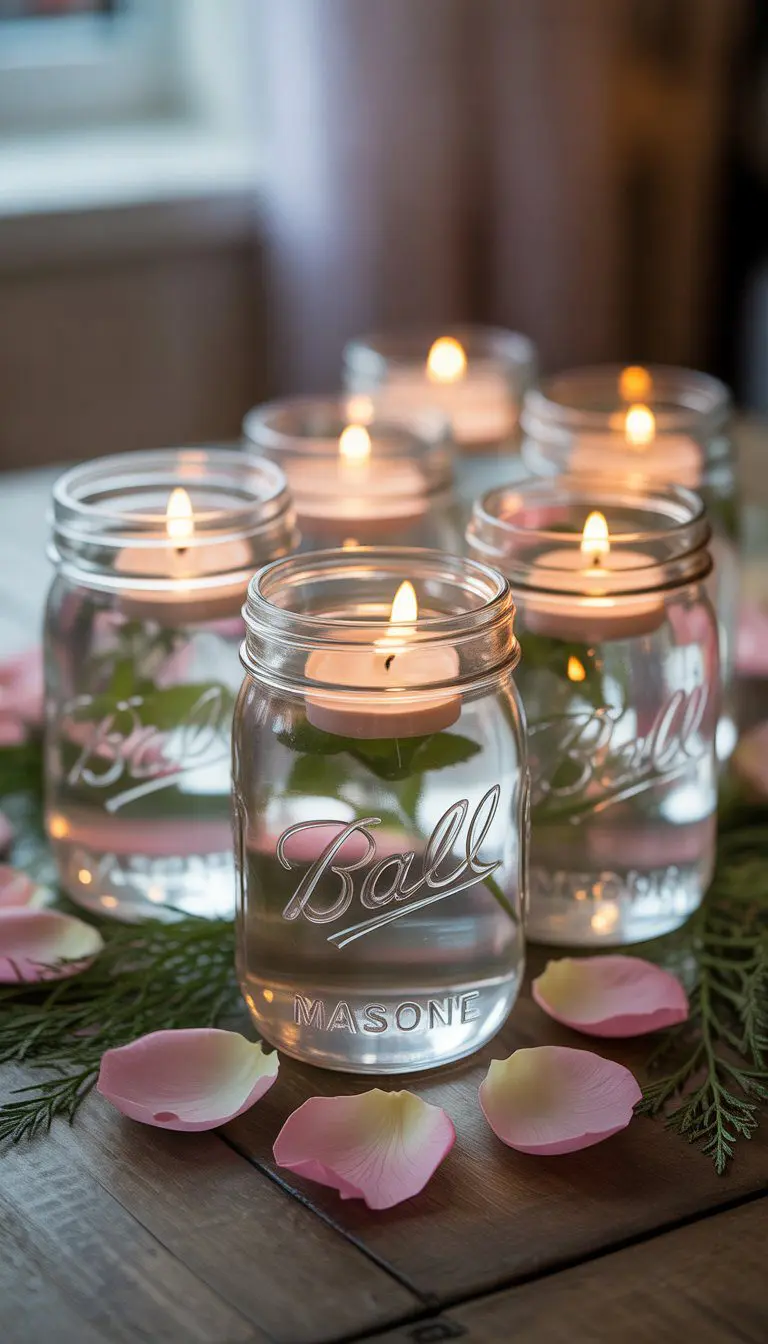 Several mason jars with floating tea light candles arranged on a wooden table surrounded by rose petals.