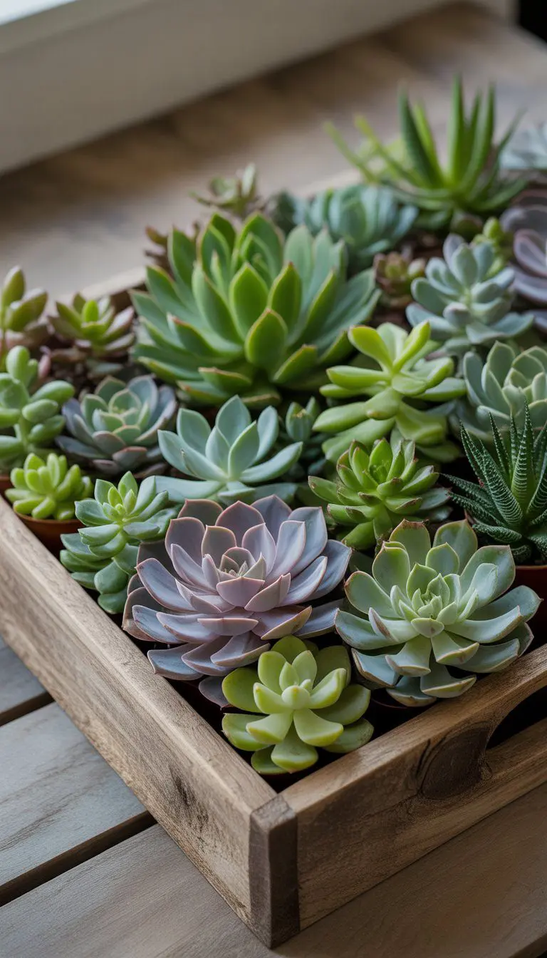 A wooden tray holding various green and purple succulent plants on a wooden surface.