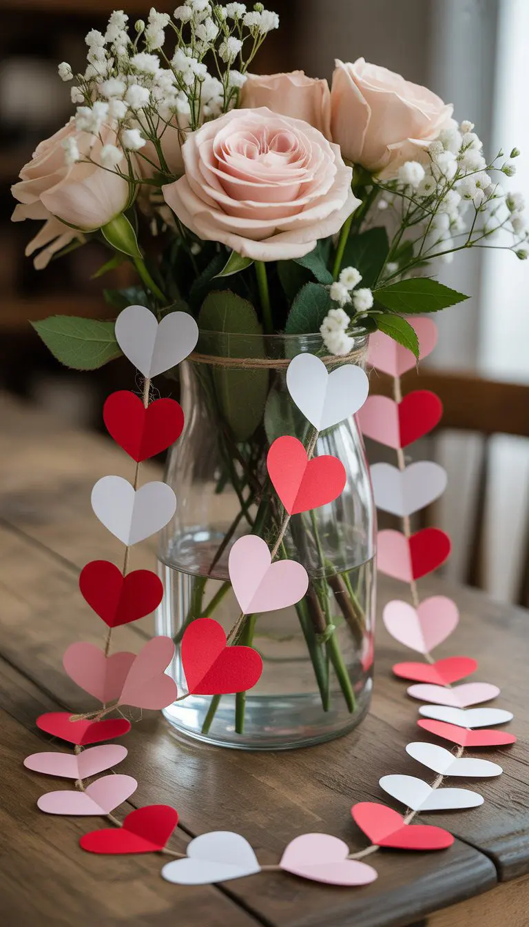 A clear glass vase filled with pink and white flowers, decorated with red, pink, and white paper heart garlands draped over it on a wooden table.