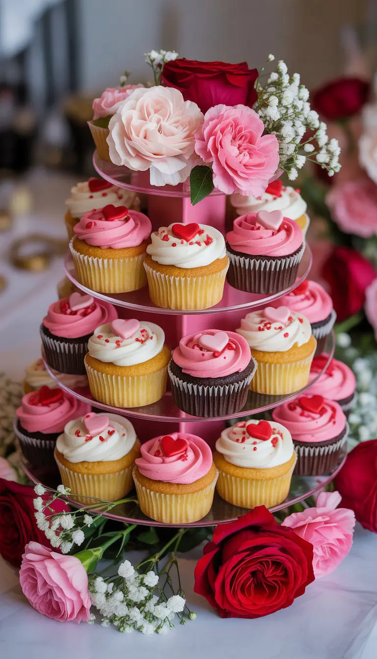 A multi-tiered tower of mini cupcakes decorated with pink and red frosting, surrounded by red and pink flowers on a table.